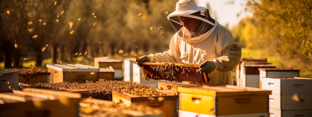 A beekeeper checks the hives at the apiary Selective focus