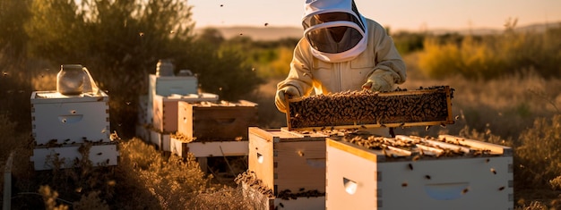 A beekeeper checks the hives at the apiary Selective focus