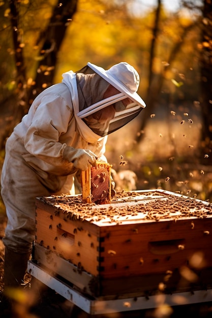 A beekeeper checks the hives at the apiary Selective focus