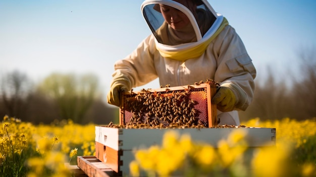 A beekeeper checks the hives at the apiary Selective focus