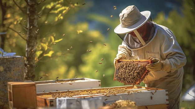 Beekeeper collects honey The process of collecting honey in the apiary