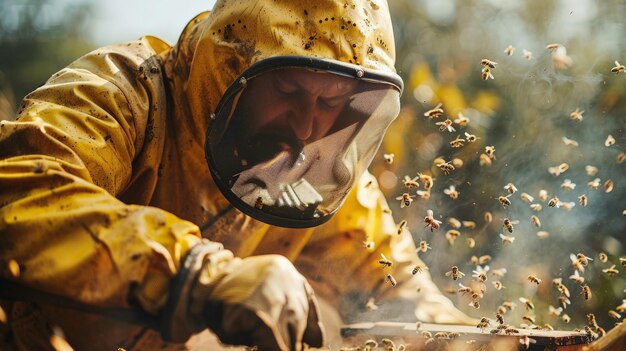 Photo a beekeeper inspecting a beehive surrounded by bees and wearing protective gear