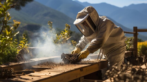 A beekeeper in a protective suit and gloves shakes off the bees Ecological apiary in nature