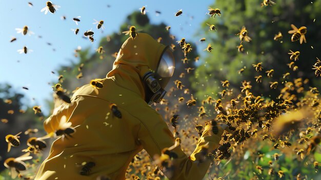 Photo a beekeeper in a protective suit is surrounded by a swarm of bees the beekeeper is holding a frame of honeycomb