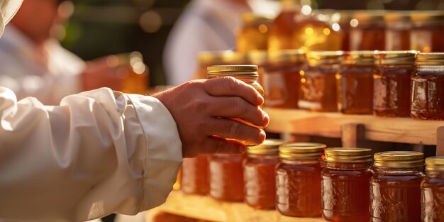 Photo beekeeper selecting honey jar in sunlit outdoor market stall