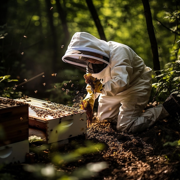 a beekeeper in a special suit for bacteriological protection works with hives