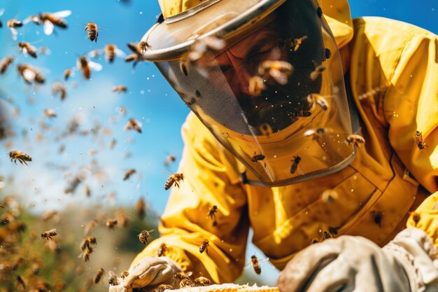 Photo beekeeper with protection suit and helmet holding honeycomb with bees