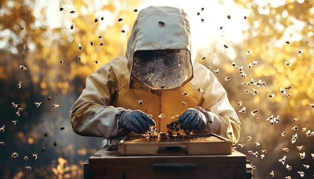 Photo beekeeper working with bees and collecting honey