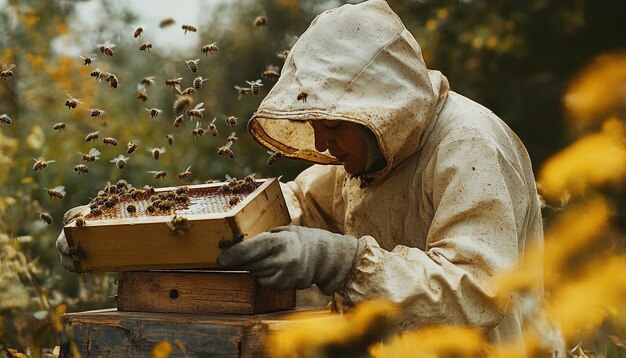 Photo beekeeper working with bees and collecting honey