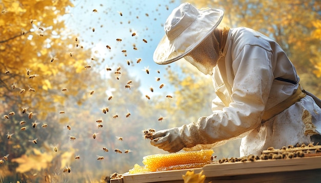 Photo beekeeper working with bees and collecting honey