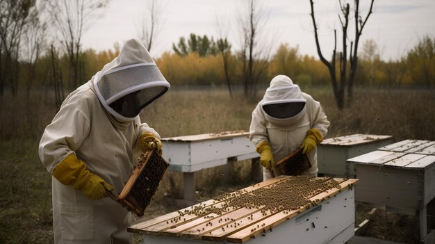 Photo beekeepers at the beehive in the fall