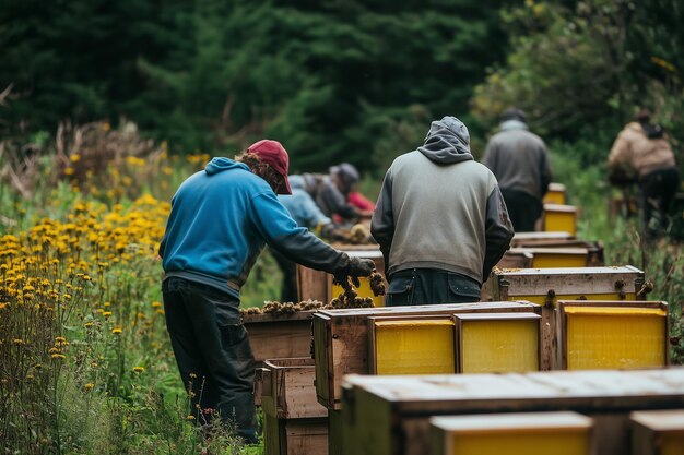 Photo beekeepers collect honey from hives surrounded by wildflowers in late summer afternoon