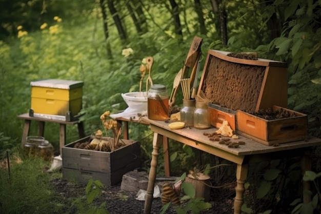 Beekeepers tools near wild beehive in nature created with generative ai