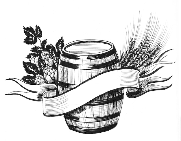 Beer barrel, banner, hop plant and barley. Ink black and white drawing