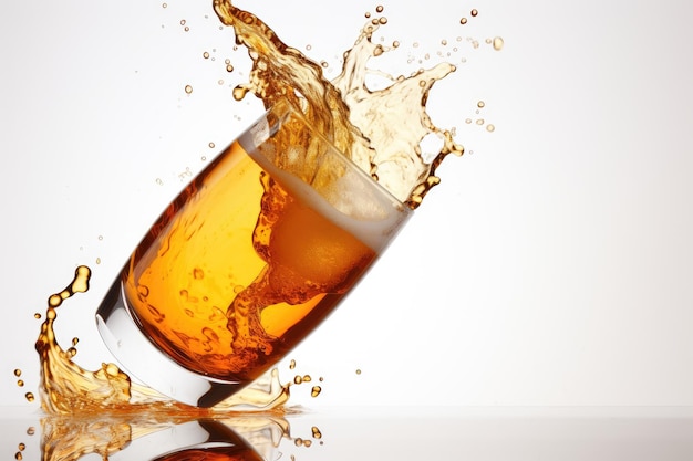 Beer being poured onto a glass set apart on a white surface