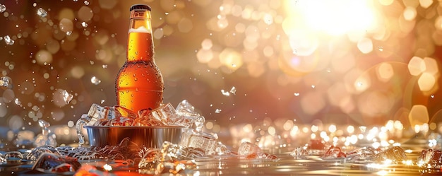 Beer bottle chilling in a bucket filled with ice cubes under a hot summer sun light painting style