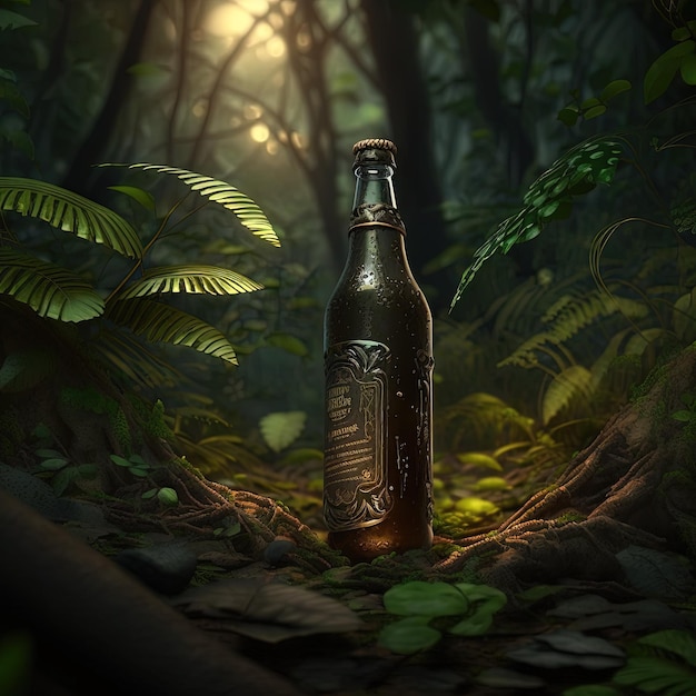 a beer bottle in the jungle isolated, alcohol or brewery drink advertisement