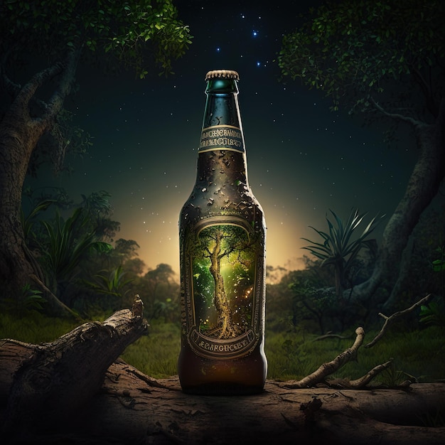 a beer bottle in the jungle isolated, alcohol or brewery drink advertisement