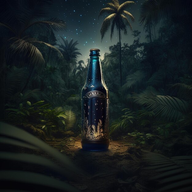 a beer bottle in the jungle isolated, alcohol or brewery drink advertisement