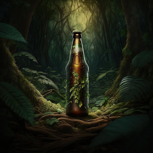 a beer bottle in the jungle isolated, alcohol or brewery drink advertisement