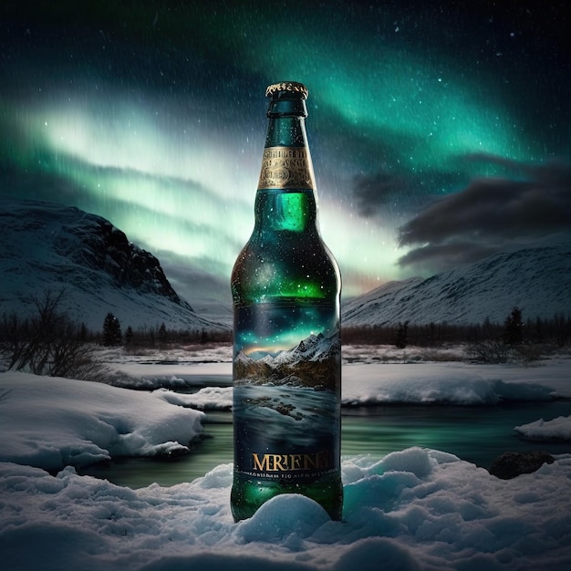 a beer bottle in the snowy landscape with northern lights isolated, brewery drink advertisement