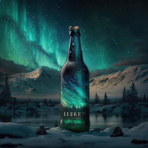 a beer bottle in the snowy landscape with northern lights isolated, brewery drink advertisement