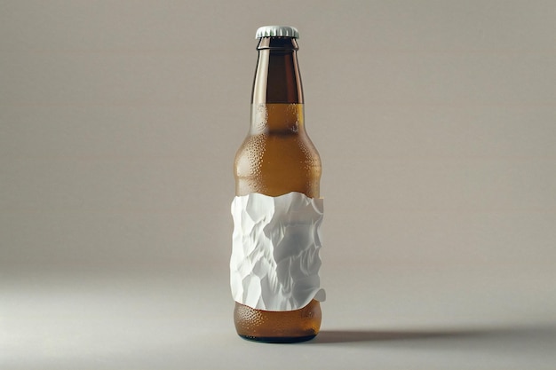 Beer bottle with a white crumpled paper on a gray background