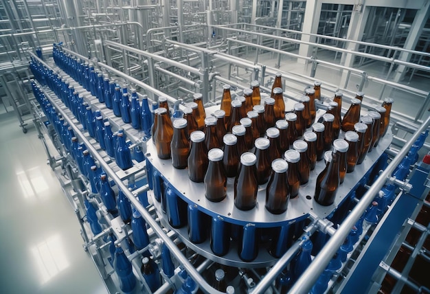 Photo beer bottles on the assembly line in a modern brewery