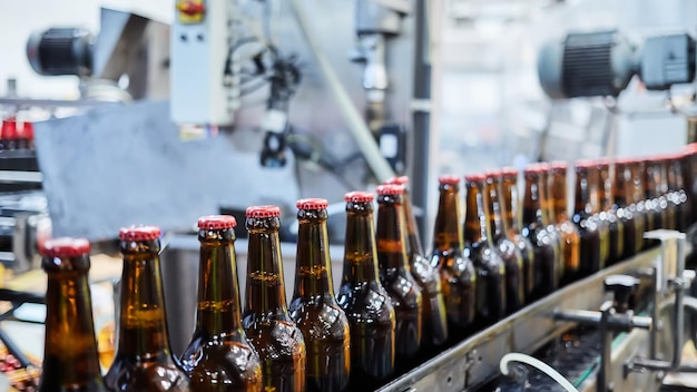 Beer bottles on the conveyor belt Shallow dof Selective focus