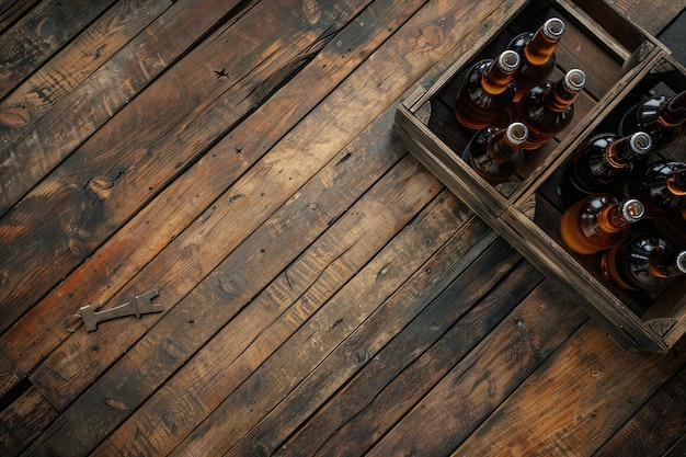 Beer bottles in crate on old wooden counter in rustic pub