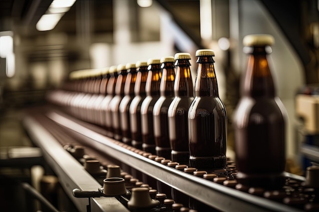 Beer bottles line on conveyor belt in brewery factory Generative AI