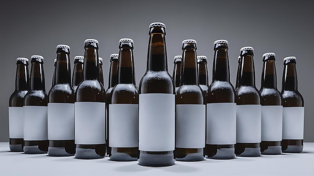 Beer bottles with blank white labels isolated on grey