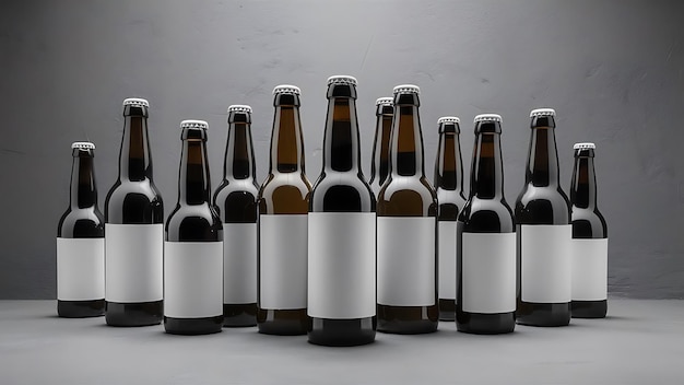 Beer bottles with blank white labels isolated on grey