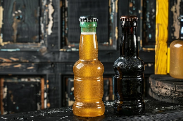 Beer bottles on a wooden background Beer bottle in the foreground