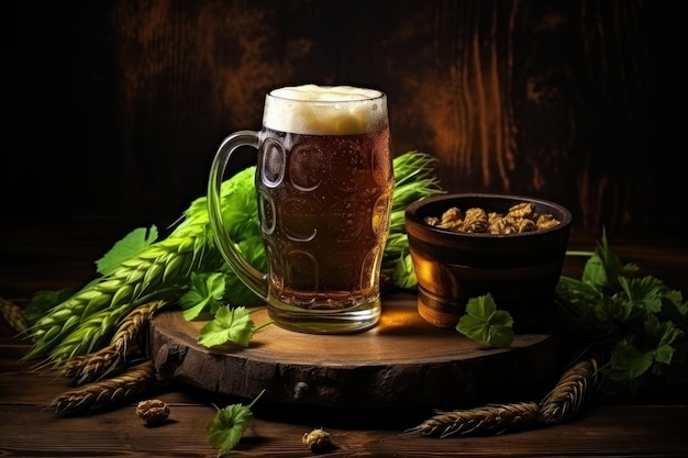 Beer in a chilled mug wheat ears and hops on a wooden barrel