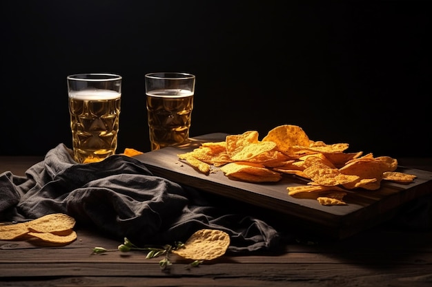 Photo beer chips and crackers on wood table