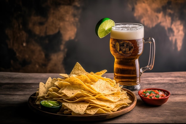 Beer and chips with nachos from Mexico