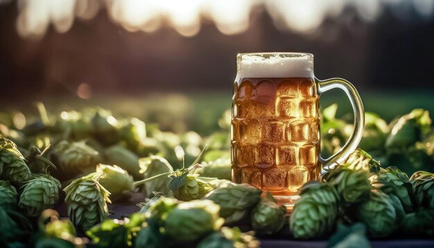 Beer Culture Foamy Mug and Hop Aroma Generative AI