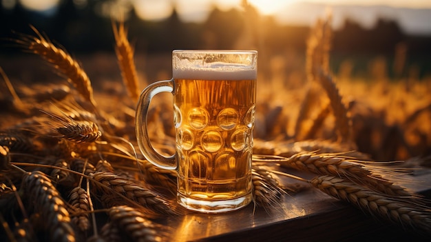 Beer cup with frothy head in luscious golden barley field GENERATE AI