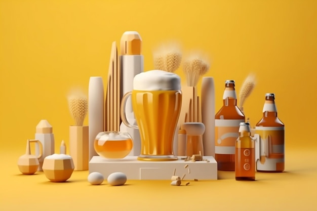 Beer day for advertising concept with some related objects 3d low poly graphic generative AI