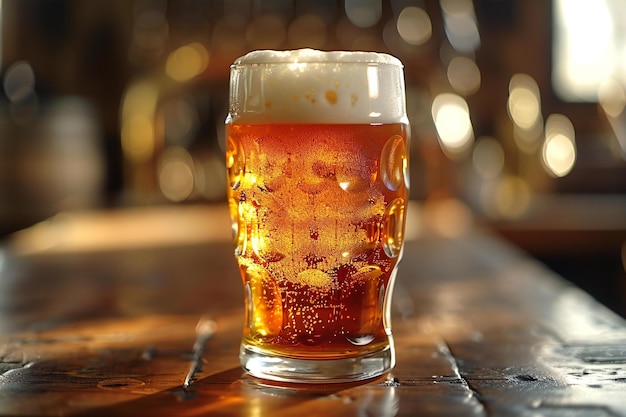 Beer in a glass on a bar counter in a pub Closeup