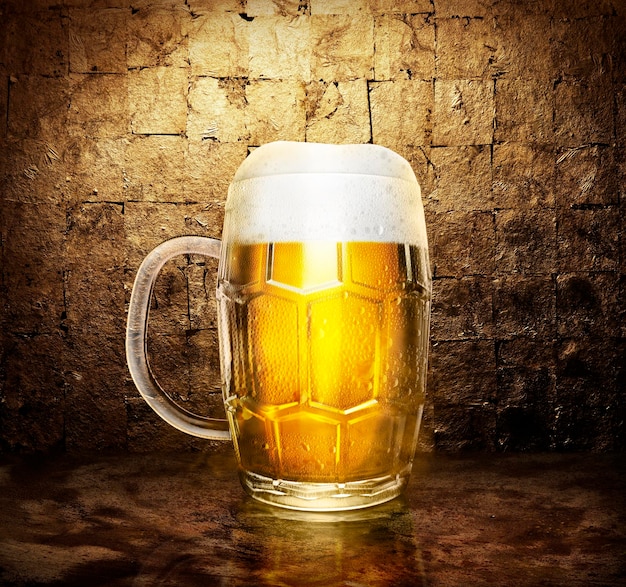 Beer glass on dark golden color background 3d render