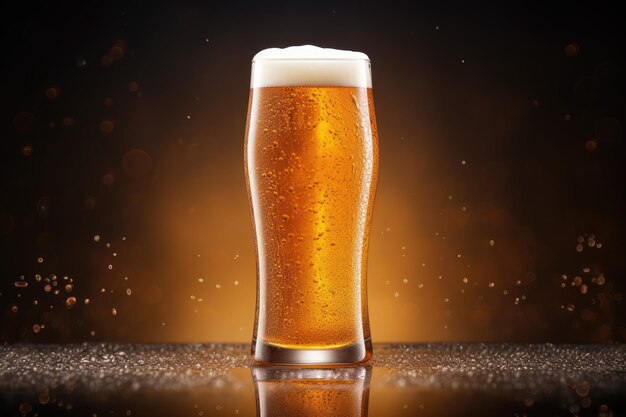 A beer glass filled to the brim with golden liquid