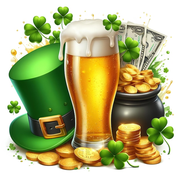 beer glass green clover leaves gold coins and Patrick green hat with beer splash isolated on white