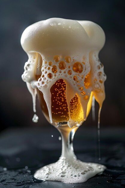 Photo beer glass overflows on a dark surface with droplets falling