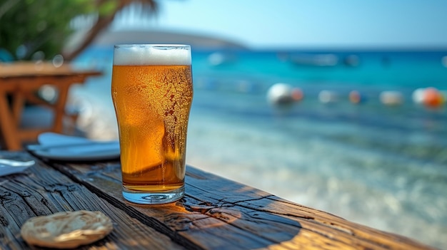 A beer glass overlooking the sea