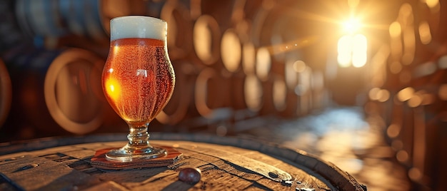 Beer glass resting atop a wooden barrel with wooden barrels in the background of the cellar Rays of sunlight striking its surface