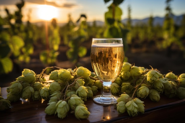 Beer glass on a table with hops in a hop field Generative AI