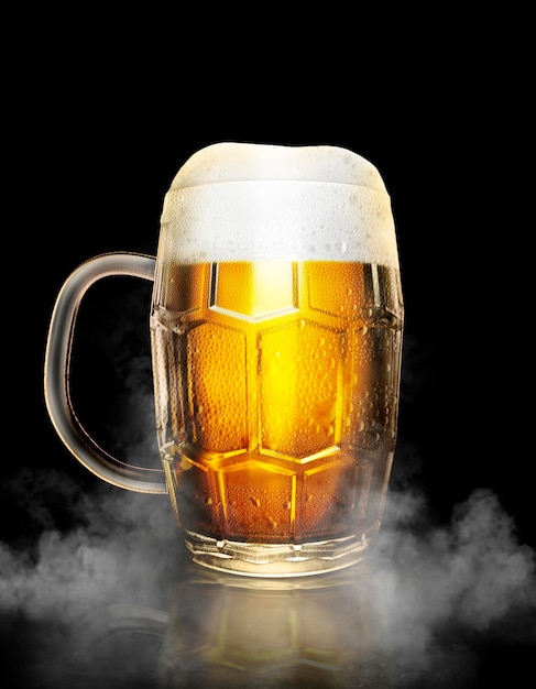 Beer glass with water drops on the white color smoke dark background 3d render