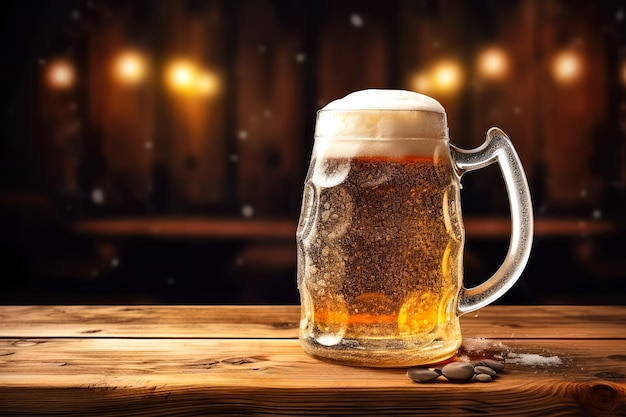 Beer glass with white beer foam on a wooden table background ai generated